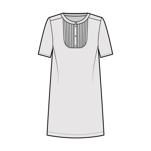 Kleid Latz eingeklemmt technische Mode Illustration mit Henley-Ausschnitt, kurze Ärmel, übergroßen Körper, Knielänge — Stockvektor