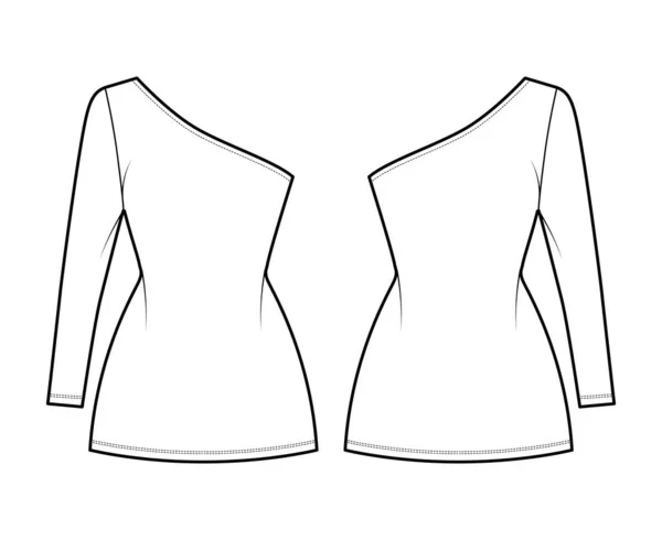 Vestido de um ombro ilustração de moda técnica com manga comprida, corpo equipado, mini saia de lápis de comprimento. Vestuário plano — Vetor de Stock