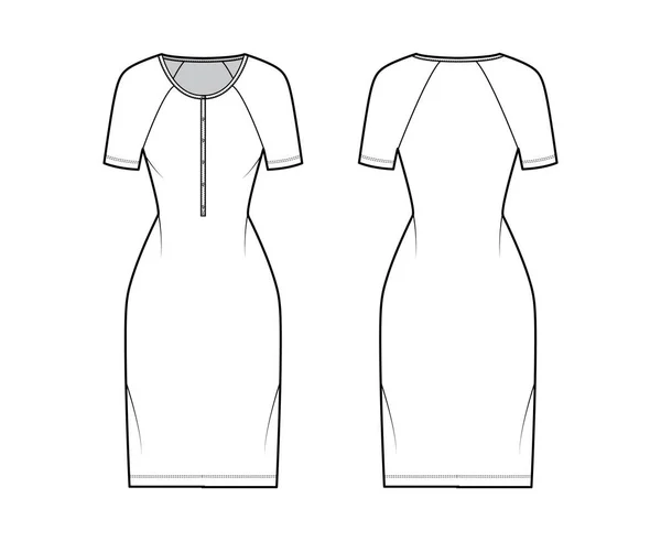 Dress henley collar technical fashion illustration with short raglan sleeves, fitted body, knee length pencil skirt Flat — Stock Vector