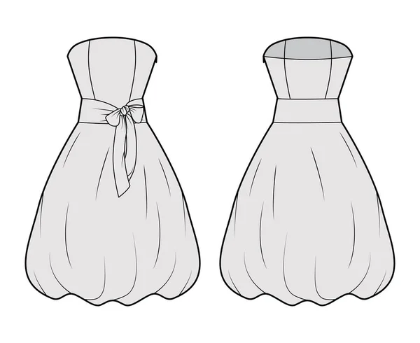 Платье пузырь техническая мода иллюстрация с без бретелек, лук, без рукавов, оснащенный тело, юбка длиной до колен Плоская одежда — стоковый вектор