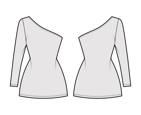 Sukienka jedno ramię technicznej ilustracji mody z długim rękawem, dopasowane ciało, mini długości spódnica ołówek. Odzież płaska — Wektor stockowy