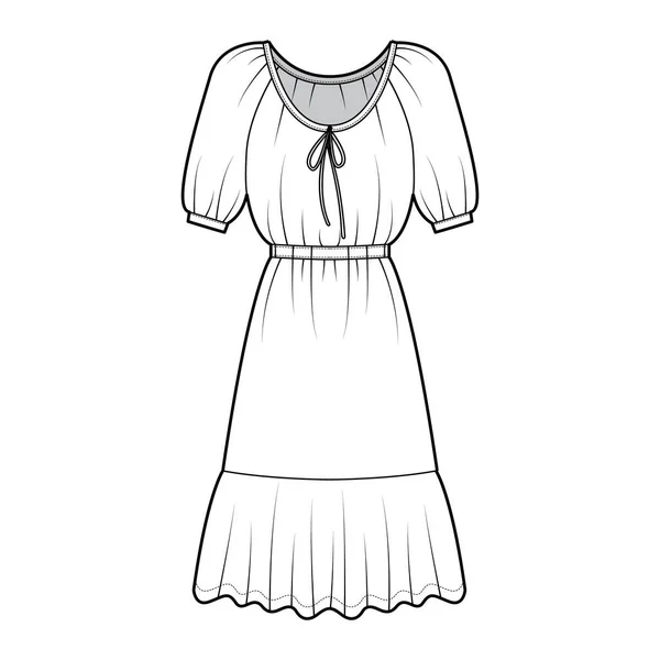 Robe paysan technique illustration de mode avec manches coudes, corps ajusté, genou longueur crayon peplum jupe. Plat — Image vectorielle
