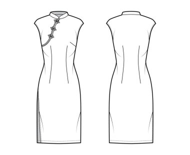 Qipao Cheongsam 'ın kısa kollu, vücuduna uygun, diz boyu kalem etekli, teknik moda çizimi. Düz 