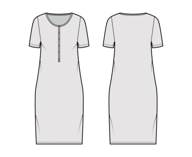 Henley yakalı, kısa kollu, geniş vücutlu, diz boyu kalem etekli teknik tasma. Düz