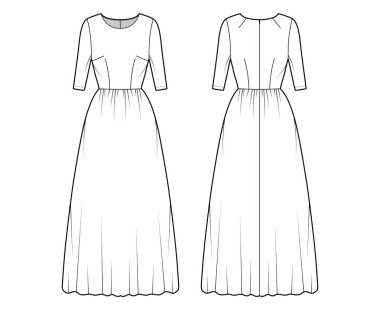 Uzun, teknik moda illüstrasyonunu kolsuz, vücuda uygun, zemin uzunluğunda etekli giyin. Düz giysi.