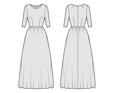 Uzun, teknik moda illüstrasyonunu kolsuz, vücuda uygun, zemin uzunluğunda etekli giyin. Düz giysi.