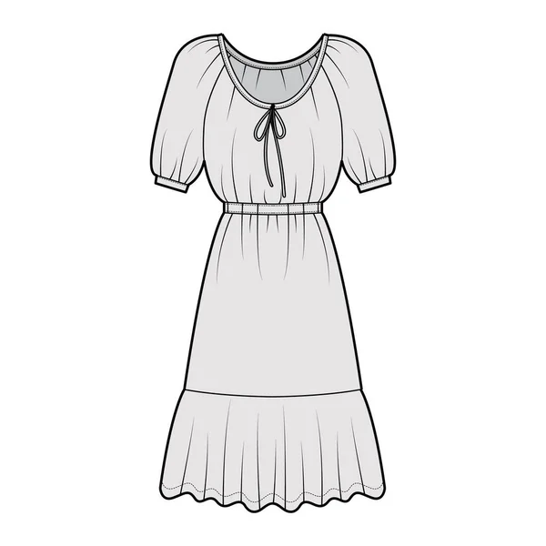 Kleid bäuerlichen technischen Mode Illustration mit Ellenbogenärmeln, taillierten Körper, knielangen pepfum Bleistiftrock. Flach — Stockvektor