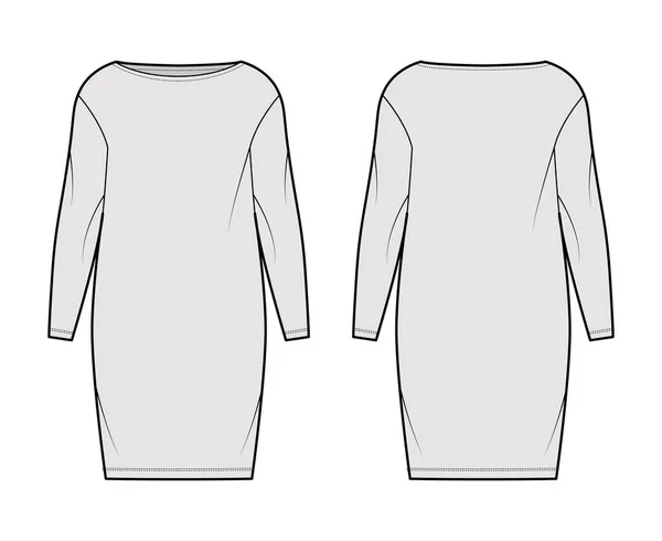 Vestido saco slouchy ilustração de moda técnica com mangas compridas, corpo de grandes dimensões, saia de lápis de comprimento do joelho. Plano —  Vetores de Stock