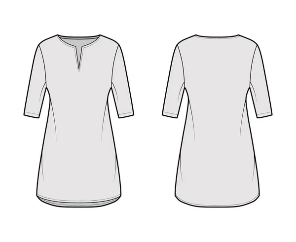 Vestido túnica técnica de moda ilustração com mangas de cotovelo, corpo de grandes dimensões, mini saia de comprimento, pescoço cortado. Plano —  Vetores de Stock