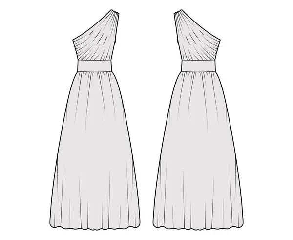 Kleid einer Schulter technische Mode Illustration mit tailliertem Körper, Boden Maxi Länge kreisförmigen Rock. Flacher Abend — Stockvektor
