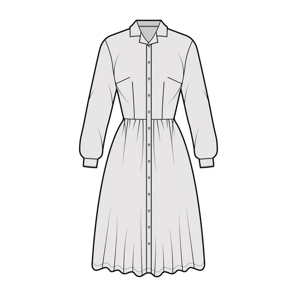 Дресс-рубашка техническая мода иллюстрация с длинными рукавами, воротник лагеря, оснащенный тело, длина колена полная юбка, кнопка — стоковый вектор