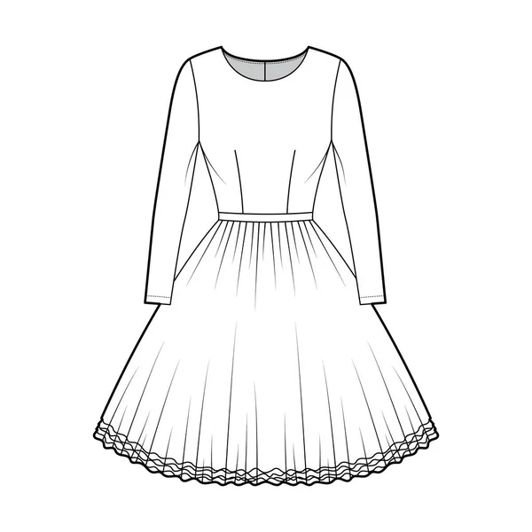 Kleid tutu technische Mode Illustration mit langen Ärmeln, taillierten Körper, knielangen kreisförmigen Rock Flache Ballettbekleidung — Stockvektor