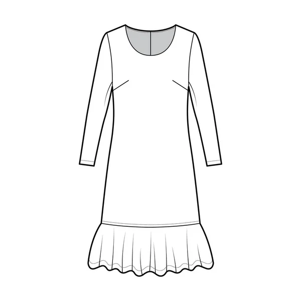 Kleid sank Taille technische Mode Illustration mit langen Ärmeln, übergroßen Körper, knielangen Rock, Rundhalsausschnitt — Stockvektor