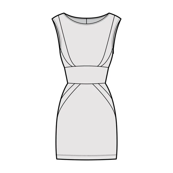 Ilustração de moda técnica de tubo de vestido com silhueta de ampulheta, sem mangas, corpo equipado, mini saia de comprimento. — Vetor de Stock