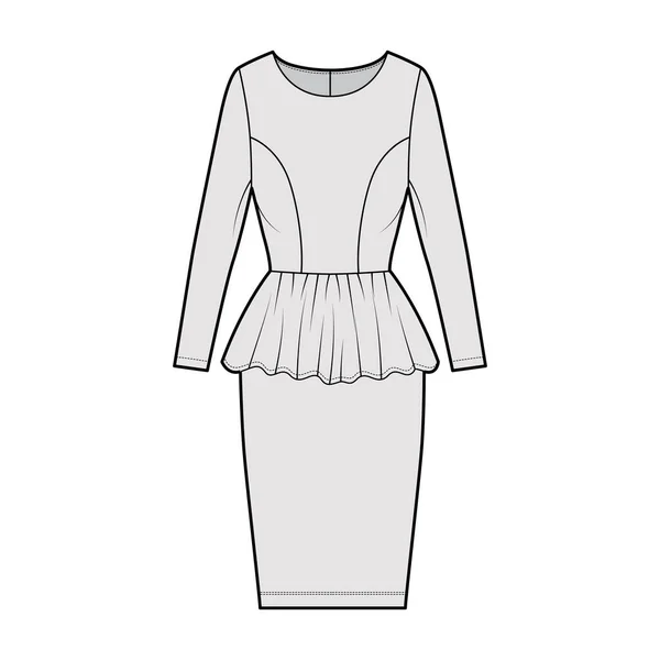 Šaty peplum technické módní ilustrace s dlouhými rukávy, montované tělo, koleno délka pochvy sukně, kulatý krk. Flat — Stockový vektor