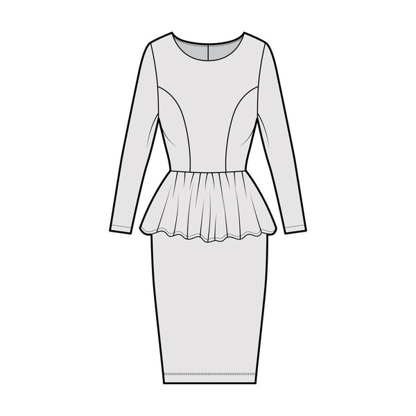 Dress peplum technical fashion illustration with long sleeves, fitted body, knee length sheath skirt, round neck. Flat 
