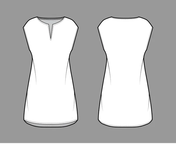 Vestido túnica técnica ilustración de moda con sin mangas, cuerpo de gran tamaño, mini falda de longitud, corte de ropa cuello — Vector de stock