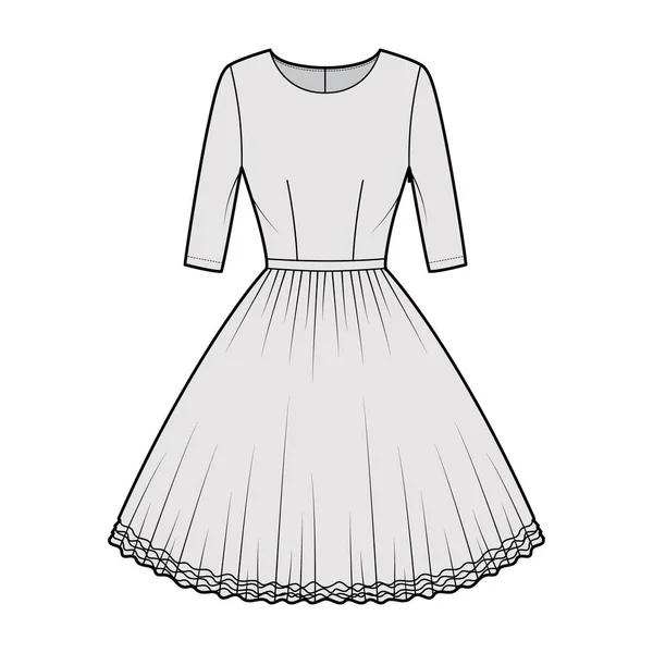 Kleid tutu technische modische Illustration mit Ellenbogenärmeln, taillierten Körper, knielangen kreisförmigen Rock. Flaches Ballett — Stockvektor