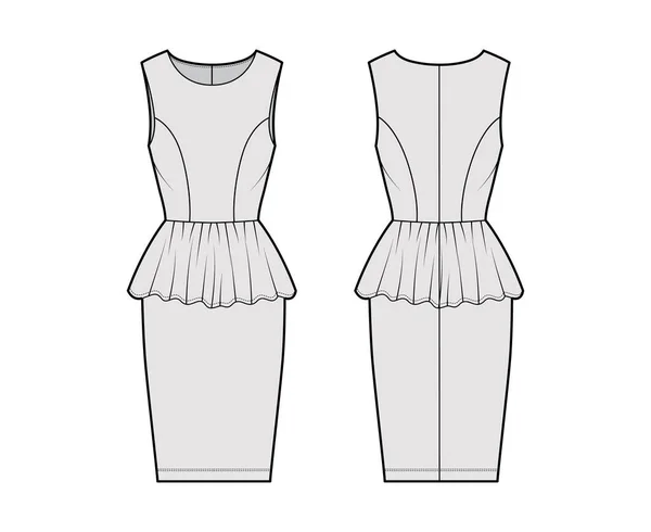 Sukienka peplum techniczne moda ilustracja z rękawami, dopasowany korpus, spódnica pokrowiec długości kolana, okrągły dekolt. Mieszkanie — Wektor stockowy