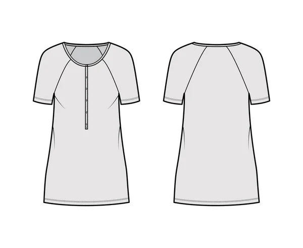 Klänning henley krage teknisk mode illustration med korta raglan ärmar, oversized kropp, mini längd penna kjol — Stock vektor