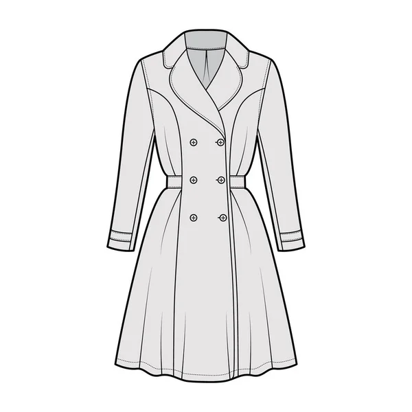 Платье Тренч техническая мода иллюстрация с двубортной, длинный рукав, длина колена полукруглая юбка — стоковый вектор