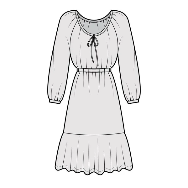 長袖、フィットボディ、膝丈のペプラムペンシルスカートアパレルと農民技術のファッションイラストをドレス — ストックベクタ