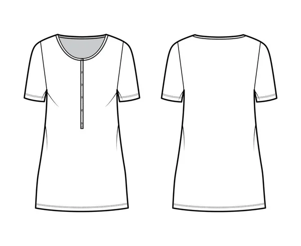 Kleid henley kragen technische modeillustration mit kurzen ärmeln, übergroßen körper, mini-länge bleistiftrock. Flach — Stockvektor