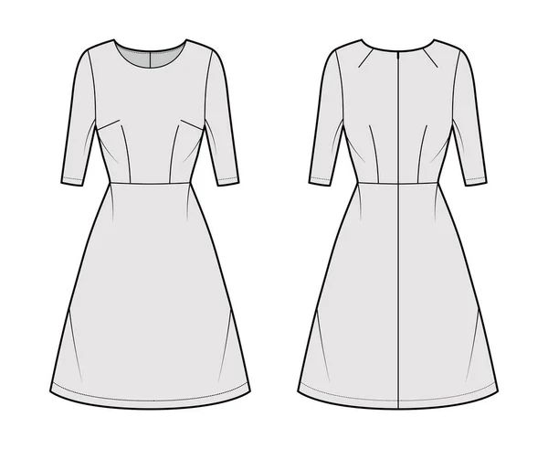 Kleid A-Linie technische Mode Illustration mit Ellenbogenärmeln, taillierten Körper, natürliche Taille, knielangen Rock. Flach — Stockvektor