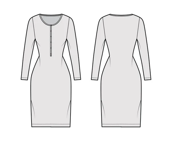Klänning henley krage teknisk mode illustration med långa ärmar, monterad kropp, knälängd penna kjol kläder — Stock vektor