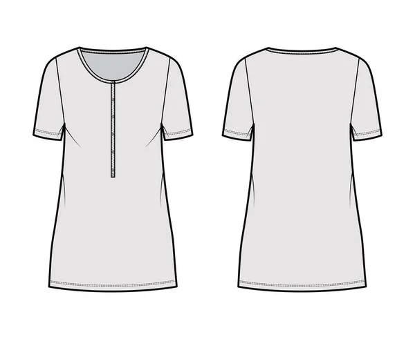 Klä henley krage teknisk mode illustration med korta ärmar, överdimensionerad kropp, mini längd penna kjol. Platt — Stock vektor