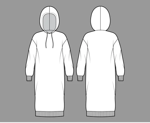 Kleid Kapuzenpulli technische Mode Illustration mit langen Ärmeln, Rippenbündchen übergroßen Körper, knielangen Rock. Flache Kleidung — Stockvektor