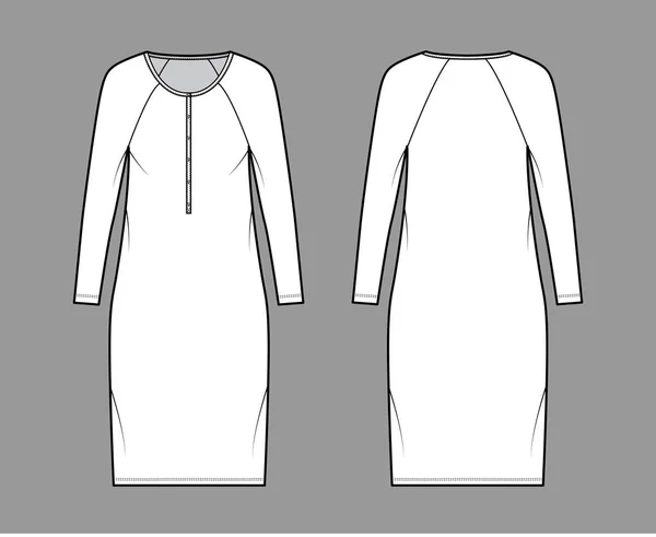 Klänning henley krage teknisk mode illustration med långa raglan ärmar, överdimensionerad kropp, knälängd penna kjol. — Stock vektor