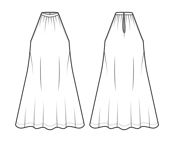 Kleid trapezzelt technische modeillustration mit ärmellosem, überdimensionalen körper, knielang, gebänderter hoher hals halter — Stockvektor