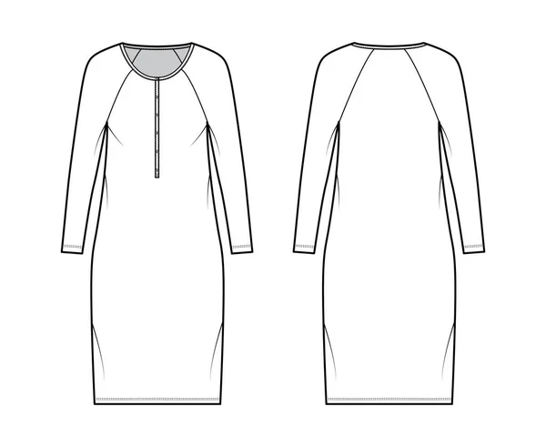 Vestido henley colarinho técnico moda ilustração com mangas compridas raglan, corpo de grandes dimensões, joelho comprimento saia lápis. —  Vetores de Stock