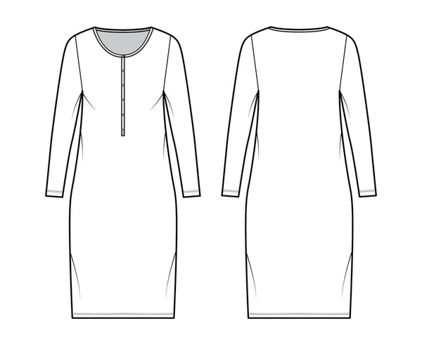 Vestido henley cuello ilustración técnica de moda con mangas largas, cuerpo de gran tamaño, falda de lápiz de longitud de rodilla. Plano — Archivo Imágenes Vectoriales