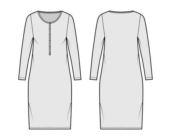 Klä henley krage teknisk mode illustration med långa ärmar, överdimensionerad kropp, knälängd penna kjol. Platt — Stock vektor