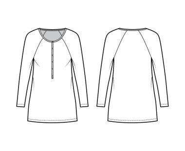 Henley yakalı, uzun paçavra kollu, iri vücutlu, mini uzun kalem etekli teknik moda çizimi.