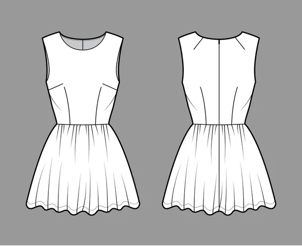 Vestido curta ilustração de moda técnica com mangas, corpo equipado, mini-saia de comprimento completo. Vestuário plano — Vetor de Stock