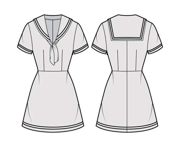 Klänning sjöman teknisk mode illustration med kort ärm, monterad, middy krage, ränder, mini längd penna kjol — Stock vektor