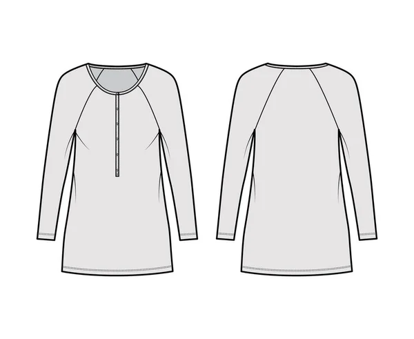 Klänning henley krage teknisk mode illustration med långa raglan ärmar, oversized kropp, mini längd penna kjol — Stock vektor