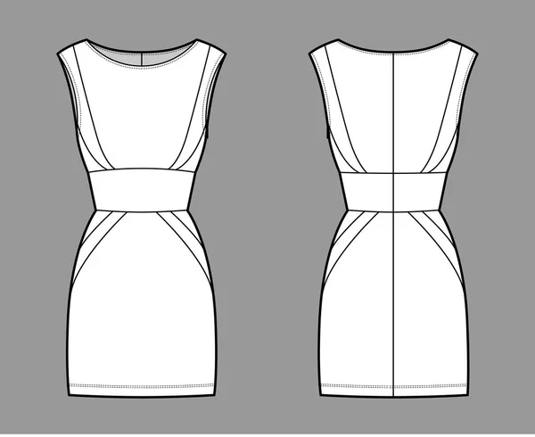 ドレスパネルチューブ技術的なファッションイラストで砂時計のシルエット、袖なし、フィットボディ、ミニ長さのスカート. — ストックベクタ