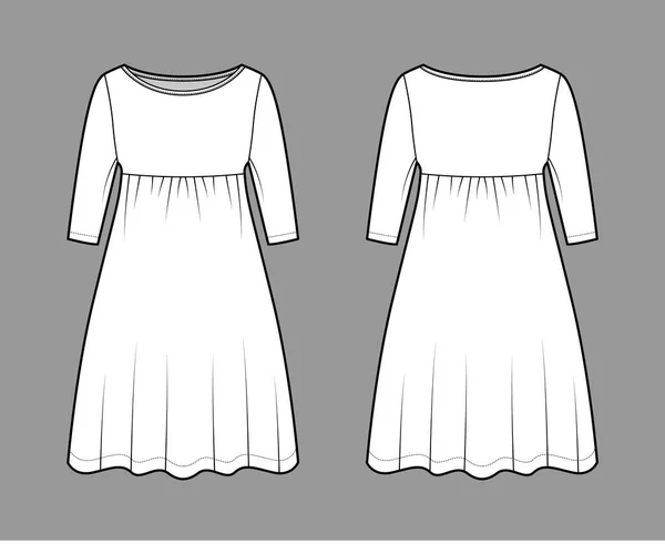 Vestido babydoll ilustración técnica de moda con mangas de codo, cuerpo de gran tamaño, longitud de rodilla falda de una línea, cuello de barco — Vector de stock
