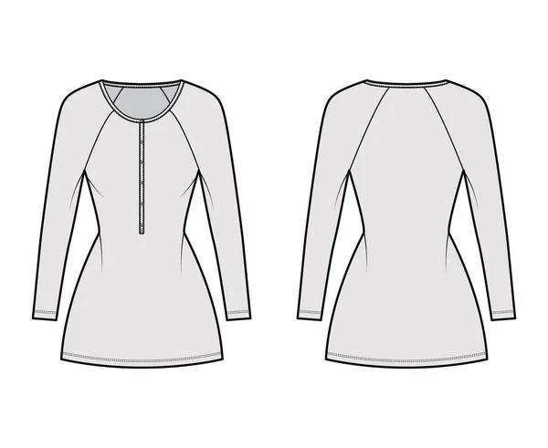 Sukienka henley kołnierz techniczny moda Ilustracja z długimi raglan rękawy, dopasowany korpus, mini długość ołówek spódnica. Mieszkanie — Wektor stockowy