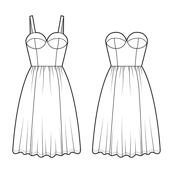 Set of dresses bustier technical fashion illustration with cups, sleeveless, strapless, fitted body, knee length skirt — стоковый вектор