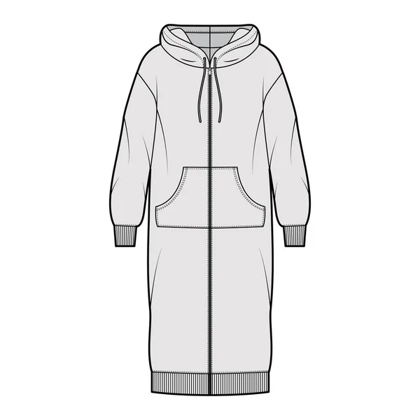 Klänning zip-up hoody teknisk mode illustration med långa ärmar, känguru påse, ribba manschett överdimensionerad, knä kjol — Stock vektor
