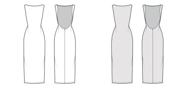 Dress backless technical fashion illustration with fitted body, floor maxi length pencil skirt, boat neckline. evening clipart