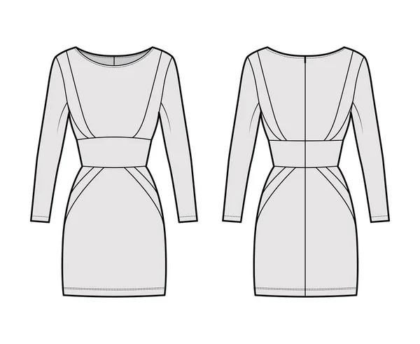 Jurk paneel buis technische mode illustratie met zandloper silhouet, lange mouwen, gemonteerd lichaam, mini-lengte rok — Stockvector