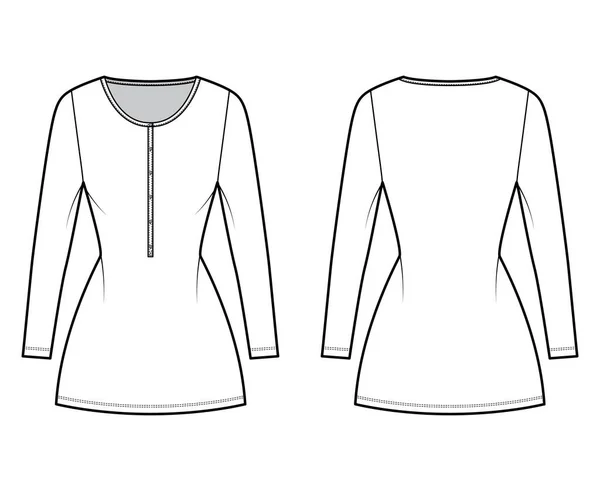 Kleid henley kragen technische modeillustration mit langen ärmeln, taillierter körper, mini lange bleistiftrock flache bekleidung — Stockvektor