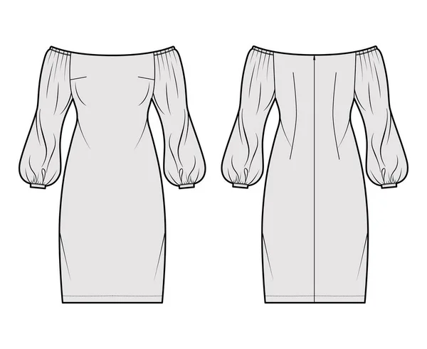 Klänning off-the-shoulder Bardot teknisk mode illustration med långa puff ärmar, monterade, knälängd penna kjol — Stock vektor
