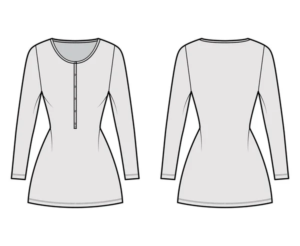 Kleid henley kragen technische modeillustration mit langen ärmeln, taillierter körper, mini lange bleistiftrock flache bekleidung — Stockvektor